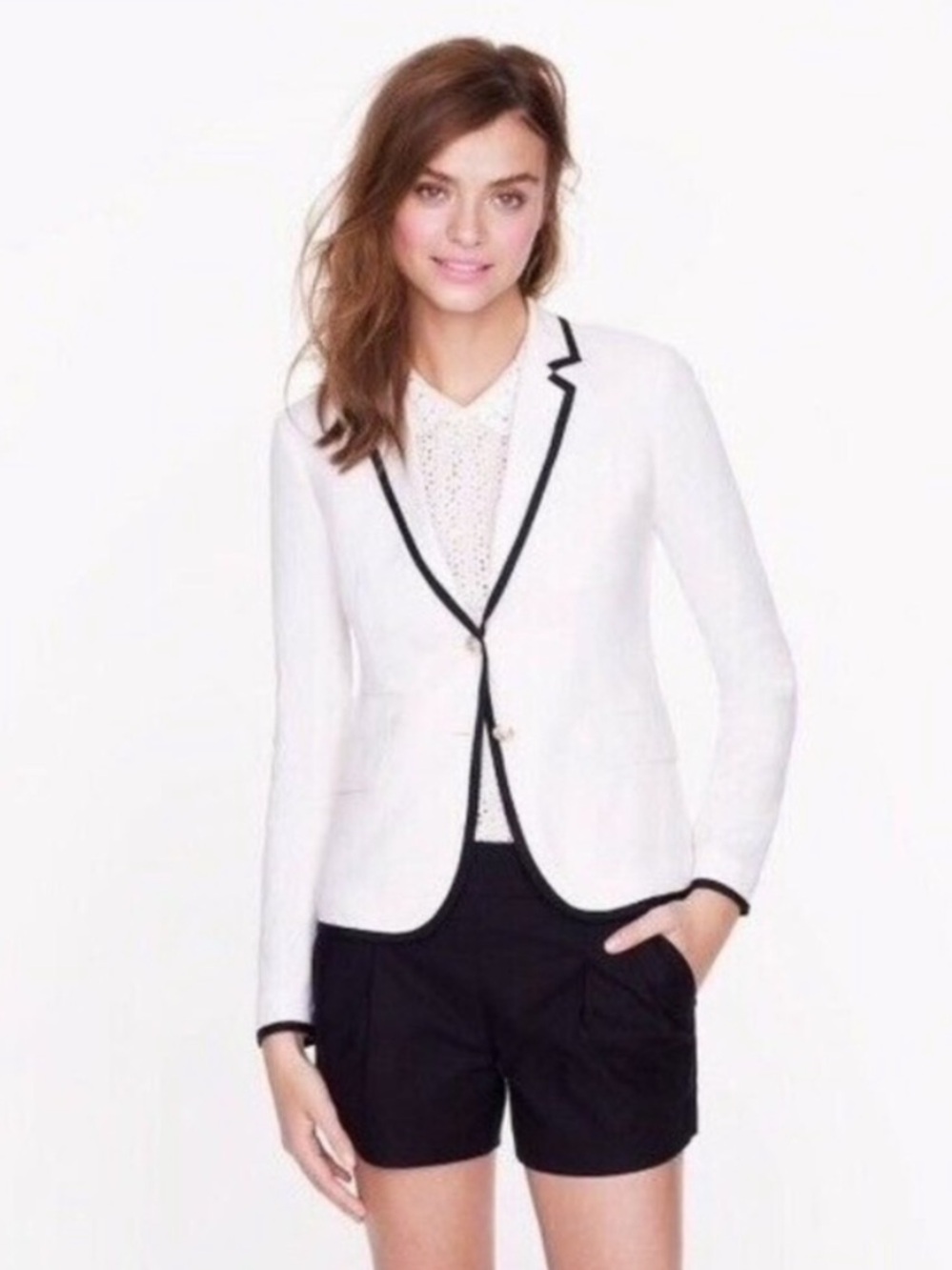 J. Crew Schoolboy Cream Linen Blazer with Black Navy Trim size 4